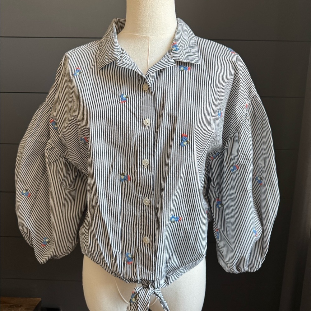 Sanctuary Blue & White Striped Button Up Floral Embroidery Front Tie Spring Top